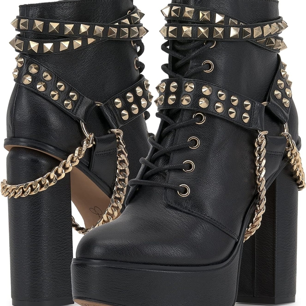 Black Studded Bootie Heels Chain